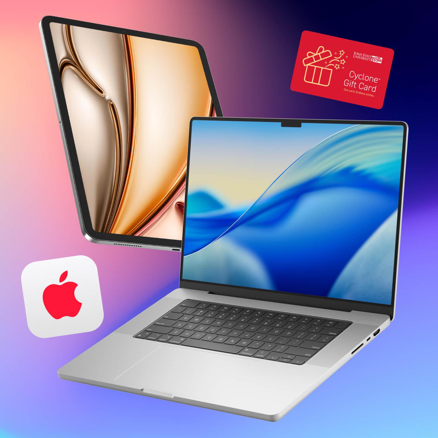A graphic showing an Apple MacBook Pro, an iPad Air, an AppleCare+ tile, and an ISU Book Store Gift Card